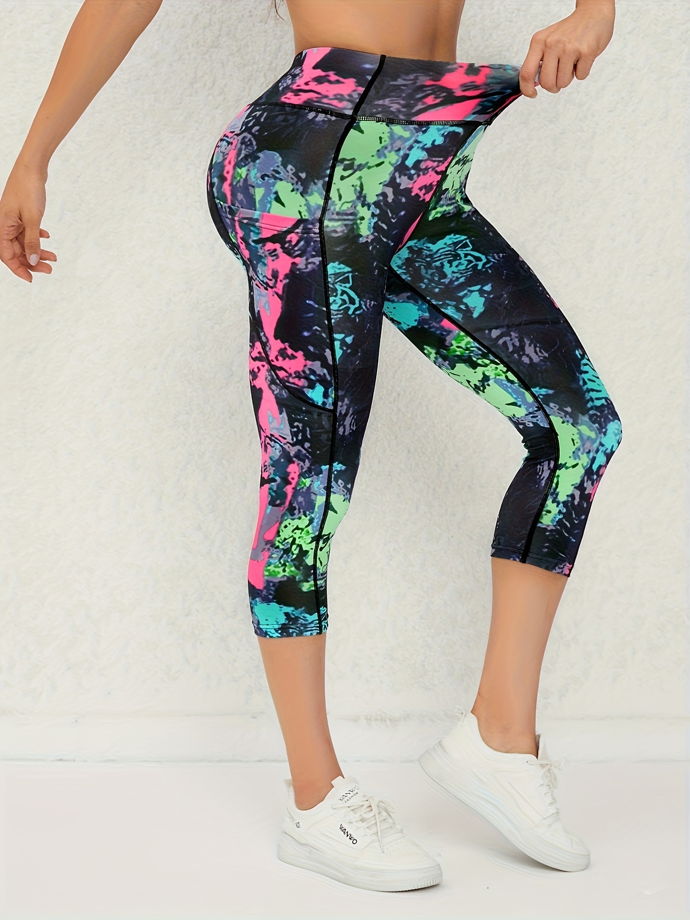 Color Print Stretchy Skinny Slim Capri Leggings With Pocket, High Waist  Butt Lifting Tummy Control Running Sports Fitness Capri Pants, Women's  Activew