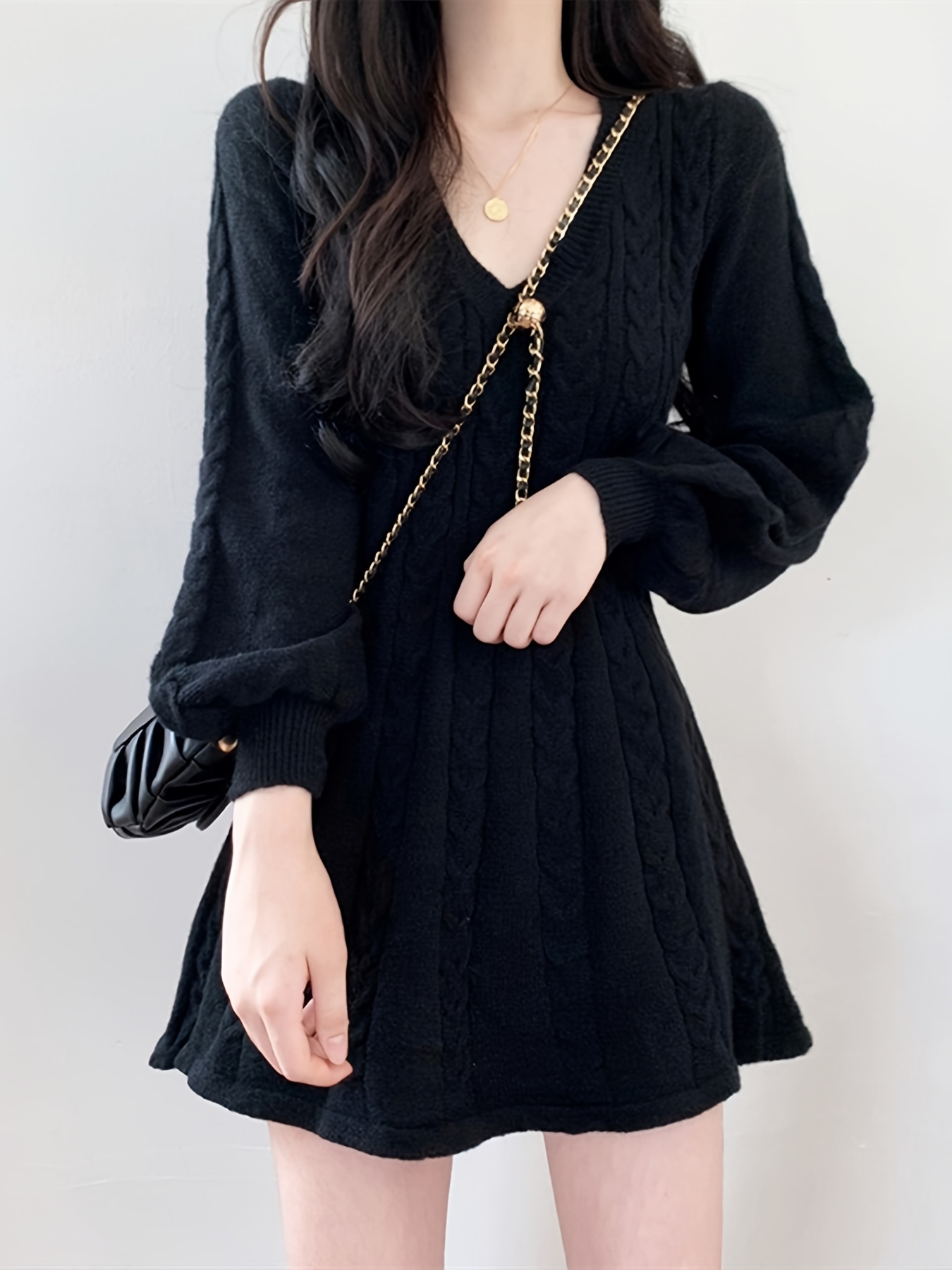 solid cable knit dress elegant v neck lantern long sleeve dress womens clothing details 8