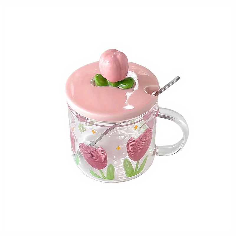 350ml Cute Tulip Water Cup Girl Heart Student Gift Ceramic Cups with Lid  Spoon Office Mug High Appearanc Level To Go Coffee Cup