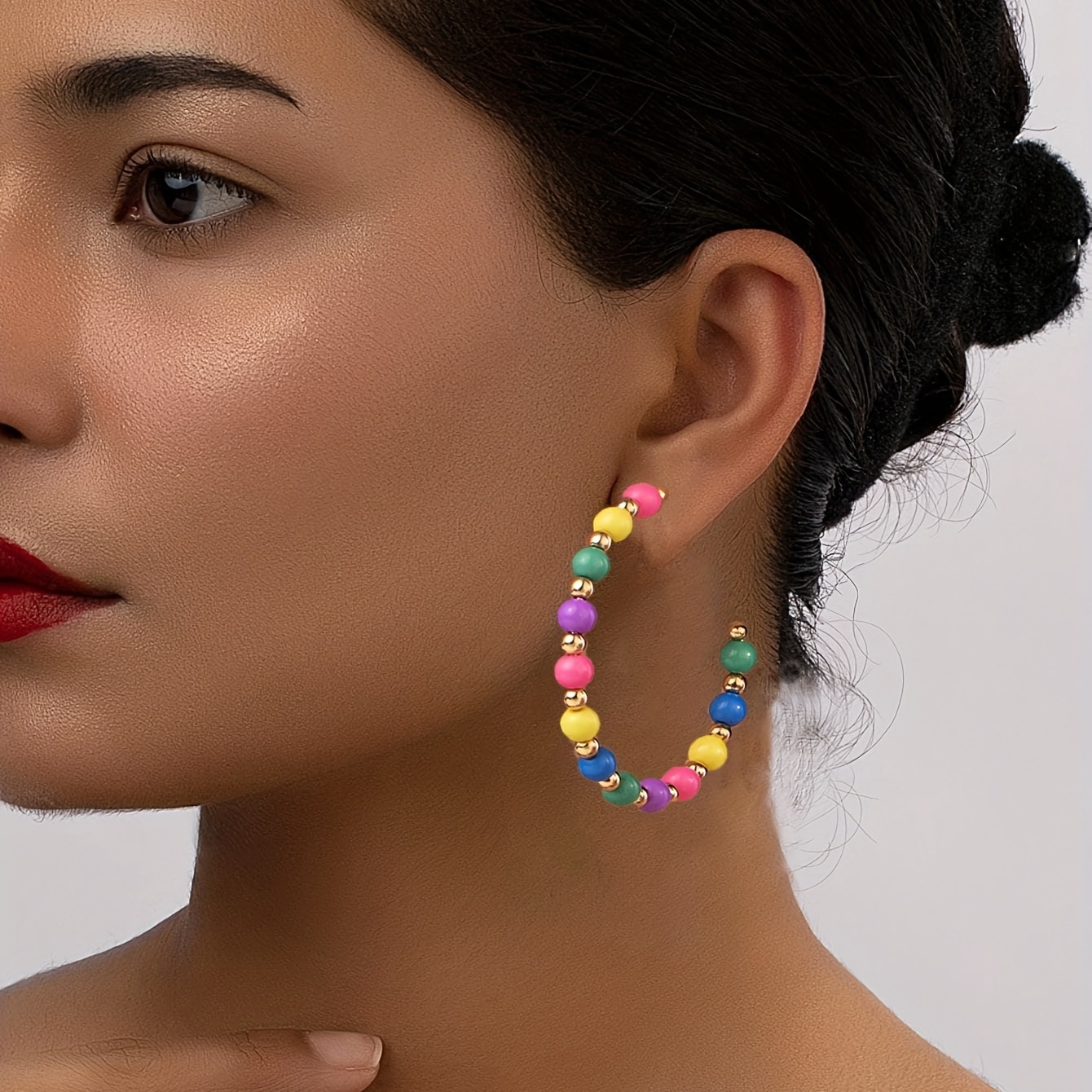

C Shape Colorful Beads Decor Hoop Earrings Bohemian Elegant Style Adorable Gift For Women Daily Casual