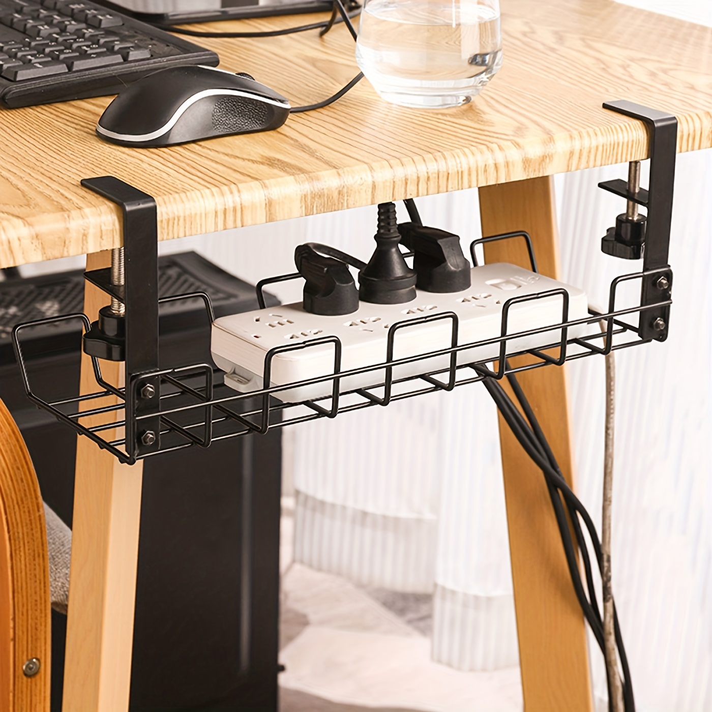  Bandeja de gestión de cables para debajo del escritorio,  organizador de cables retráctil para escritorio, gestión de cables sin  taladrar para escritorio de cristal, gestión de cables de metal resistente  debajo