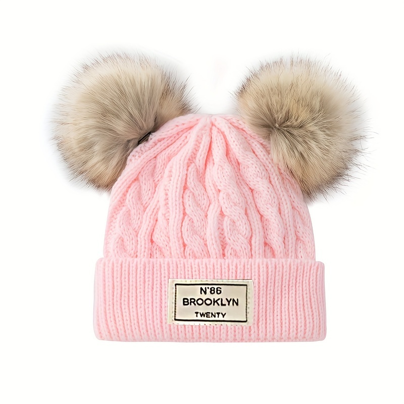 Children Plain Color Wool Knitted Beanie Hat With Fur Ball - Temu