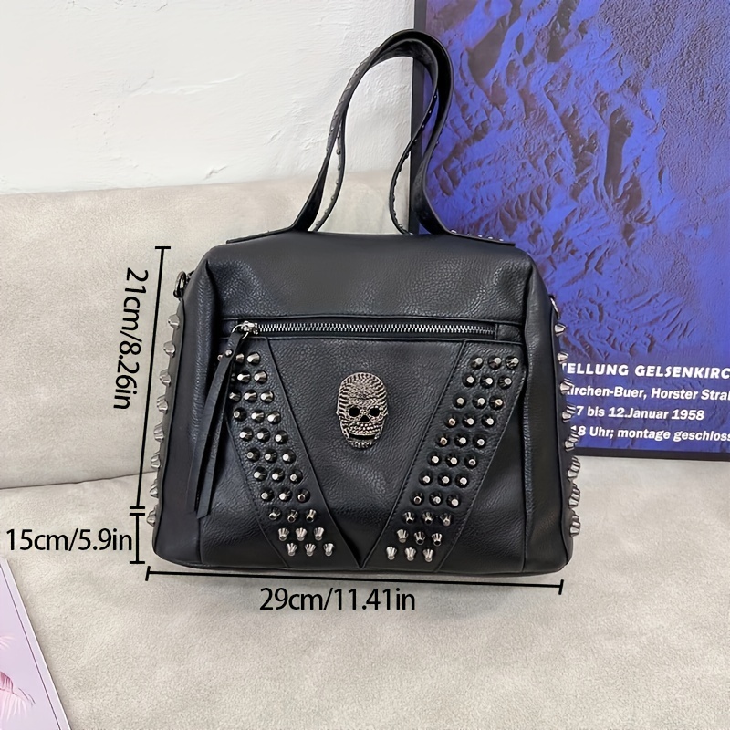 Gothic Skull Print Crossbody Bag, Y2K Punk Shoulder Bag, Women's Rivet  Studded Handbag & Purse For Halloween