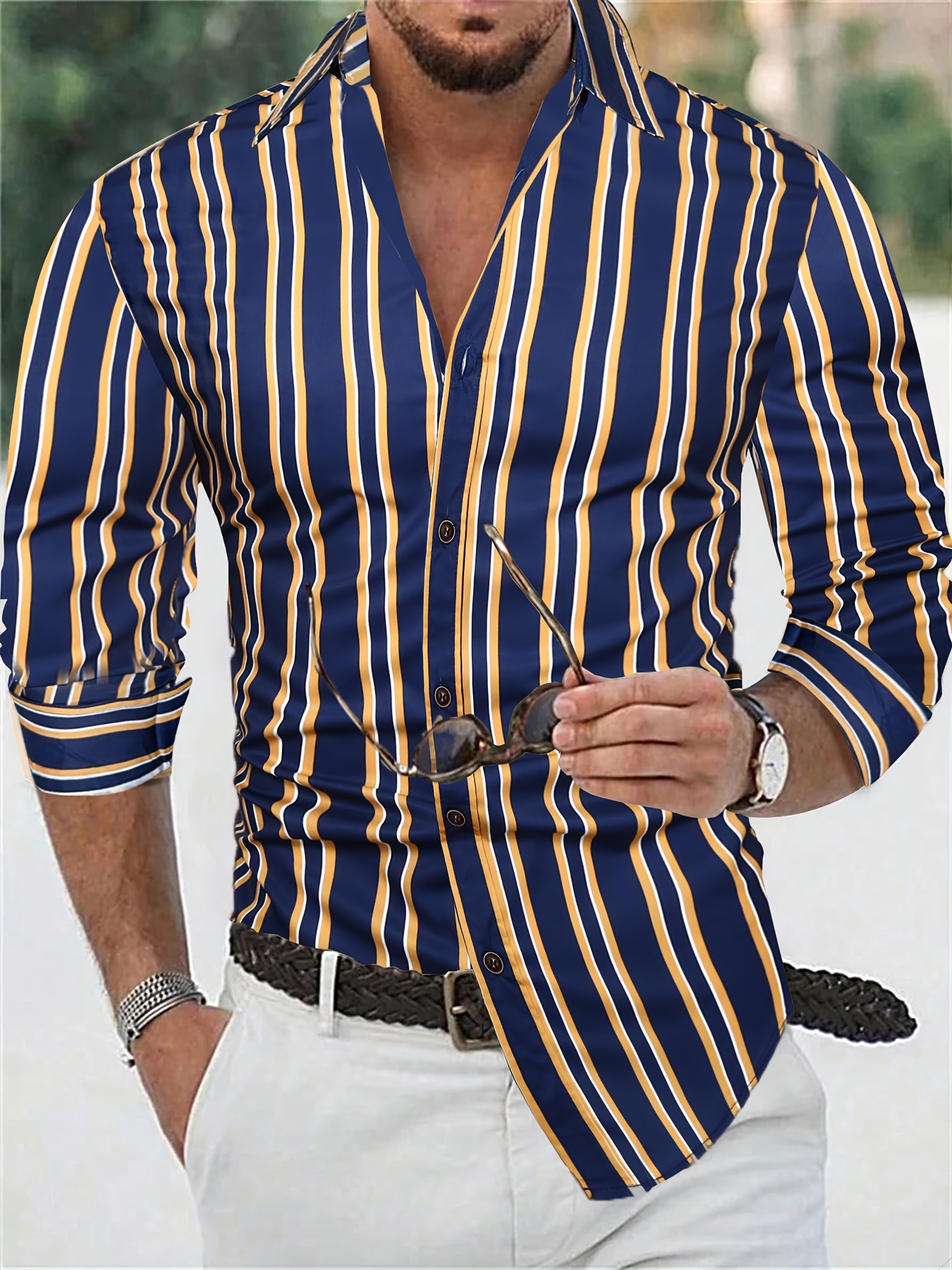 Striped Men's Casual Long Sleeve Button-Down Shirt, Spring Fall Outdoor,  Men's Holiday Top