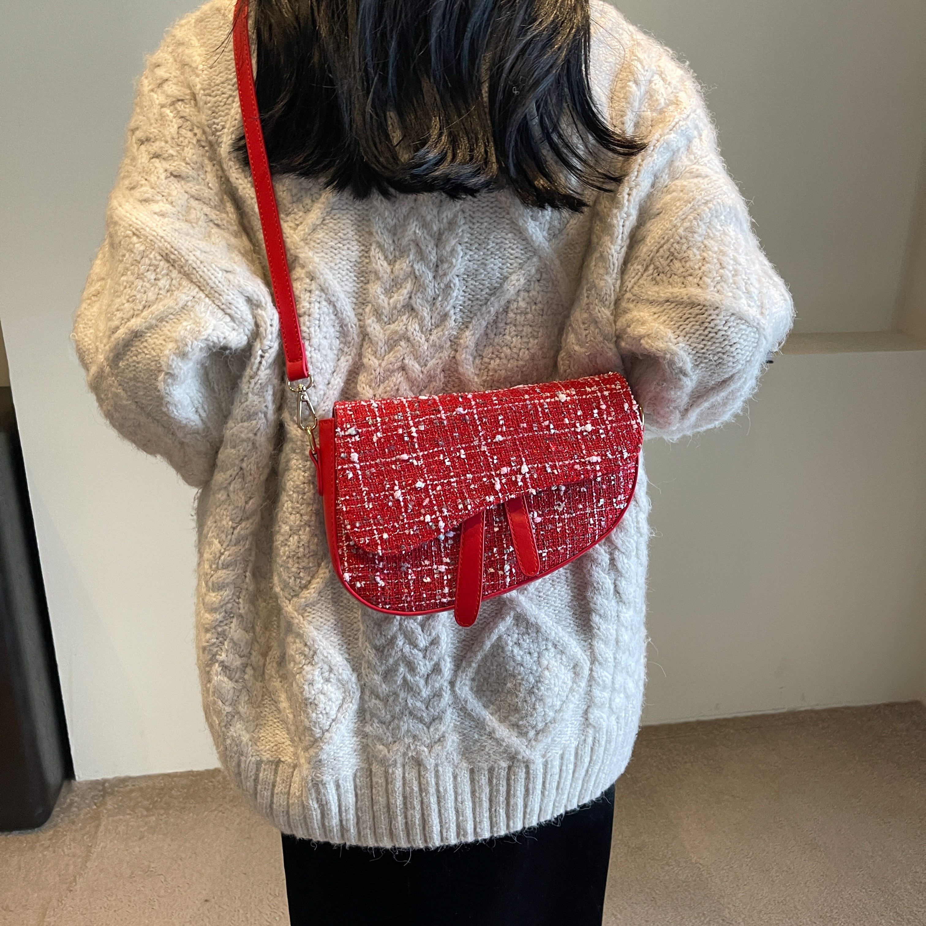  Fashion Shoulder Hobo Bags for Women Wool Tweed Tote