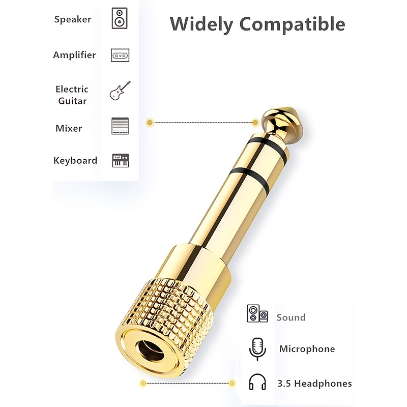 1/4 to 3.5mm Adapter Headphone Jack, 6.35mm Male to 3.5mm Female Stereo  Audio Jack Adapter for Aux Cable, Guitar Amplifier, Headphone, 6 Pack Golden