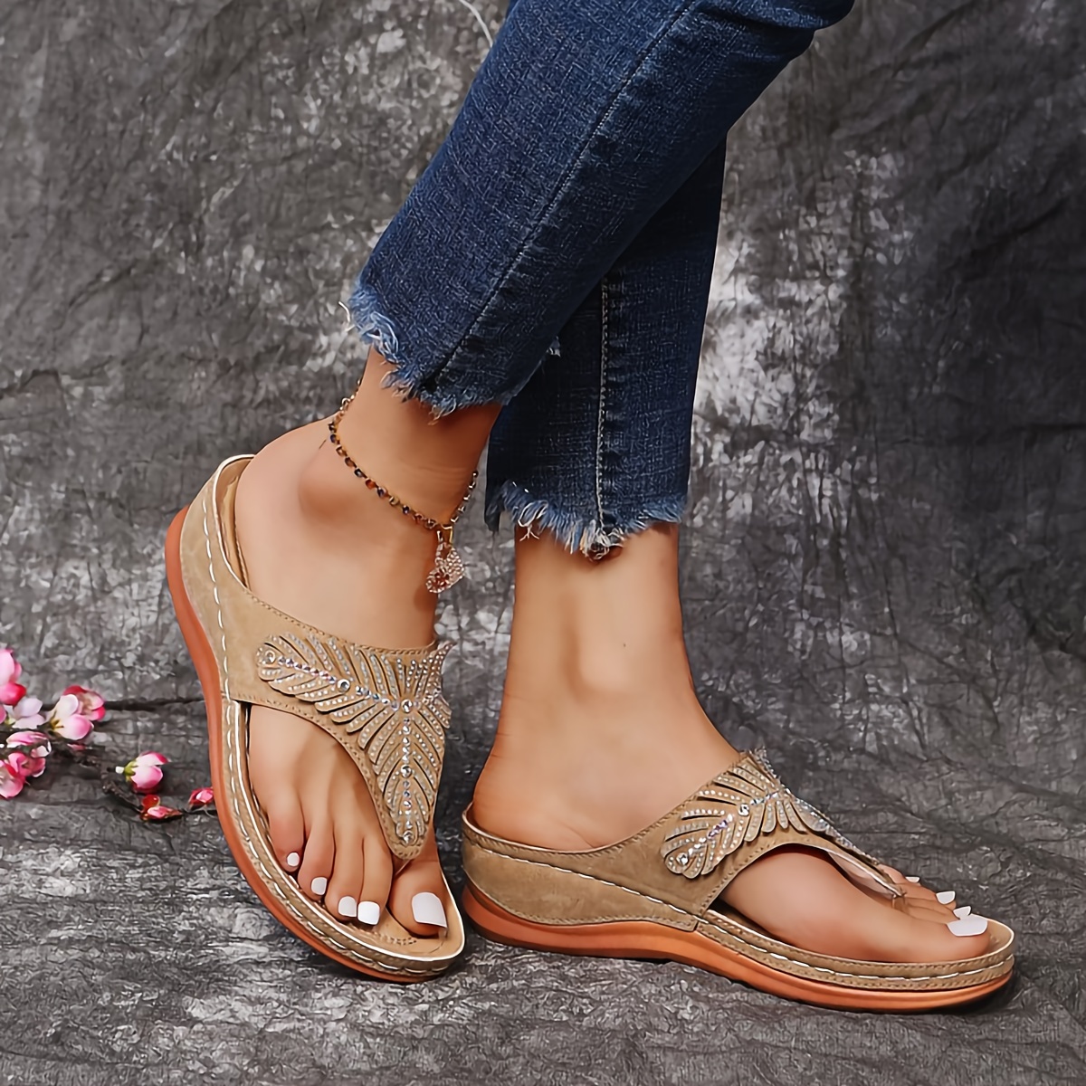  Flip Flops Sandals for Women Bling Rihinestones Wedge