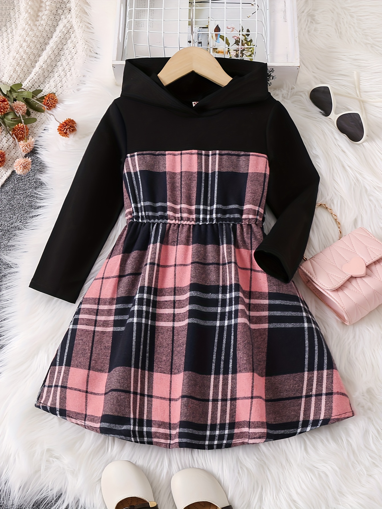 Plaid Long Sleeve Hooded Dress Girls Comfy Dress Fall Winter - Temu