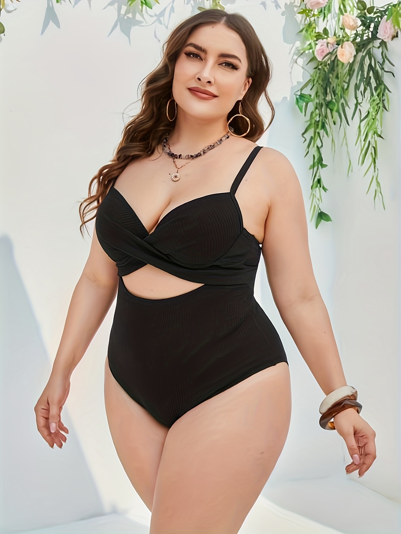 Plus Size Sexy Swimsuit Women's Plus Solid Cut Twist Front - Temu