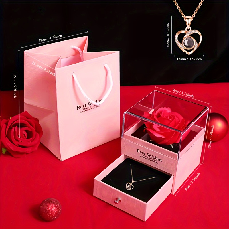 

1pc 100 Languages I Love You Love Heart Pendant Necklace Luxury Neck Chain Jewelry With Faux Rose Flower Gift Box Valentine's Day Gift