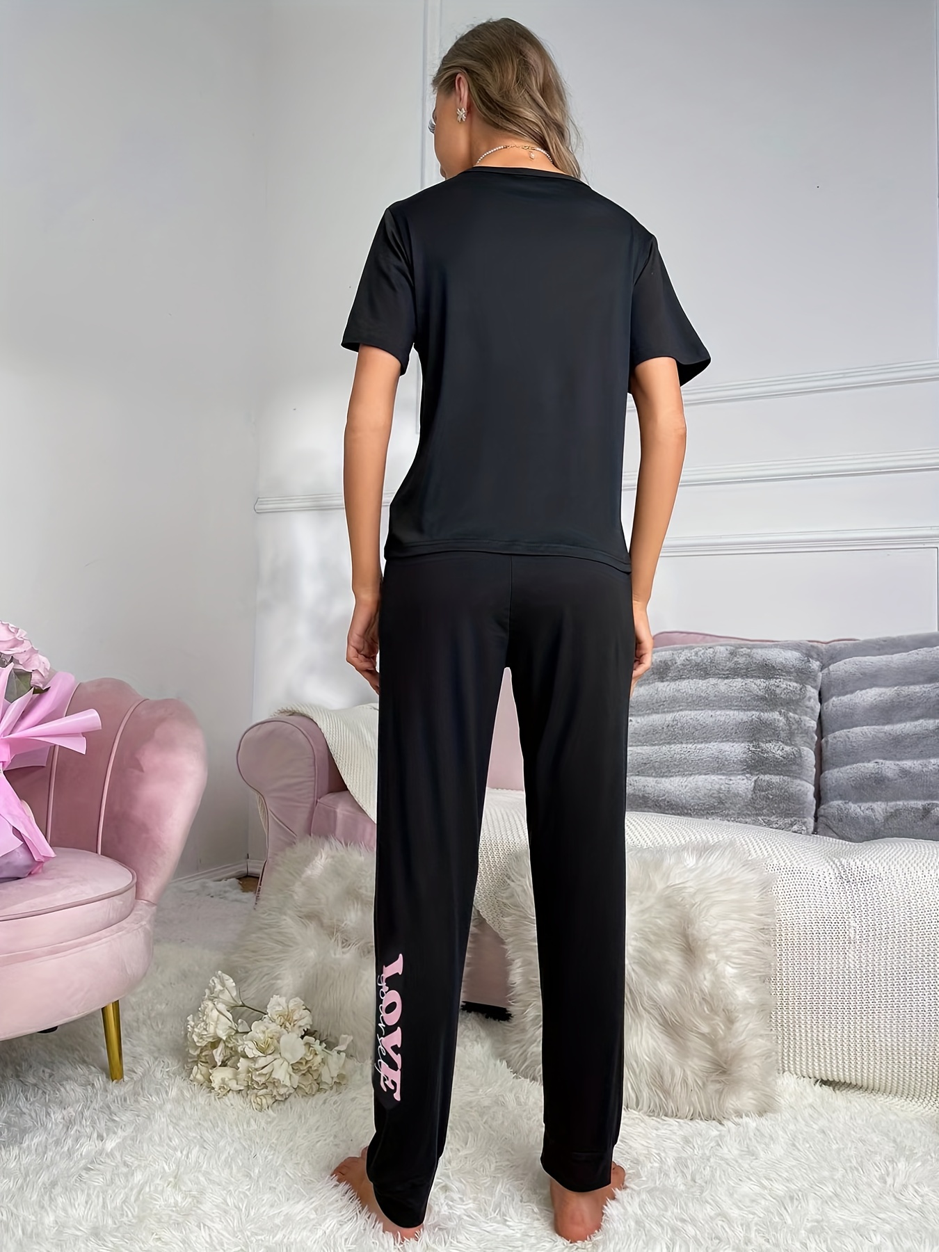 Letter Print Pajama Set Comfy Short Sleeve Top Cozy Long - Temu