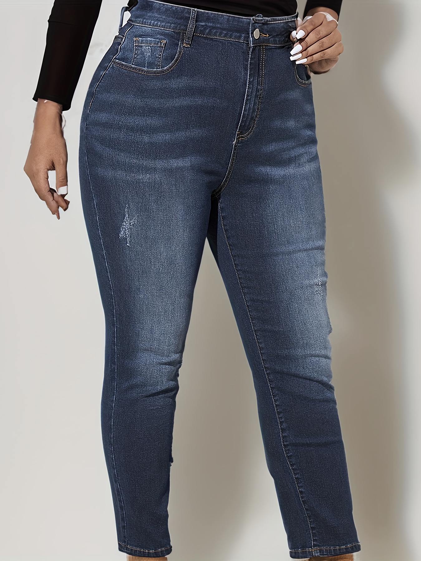 Plus Size Casual Jeans Women's Plus Washed Button Fly High - Temu