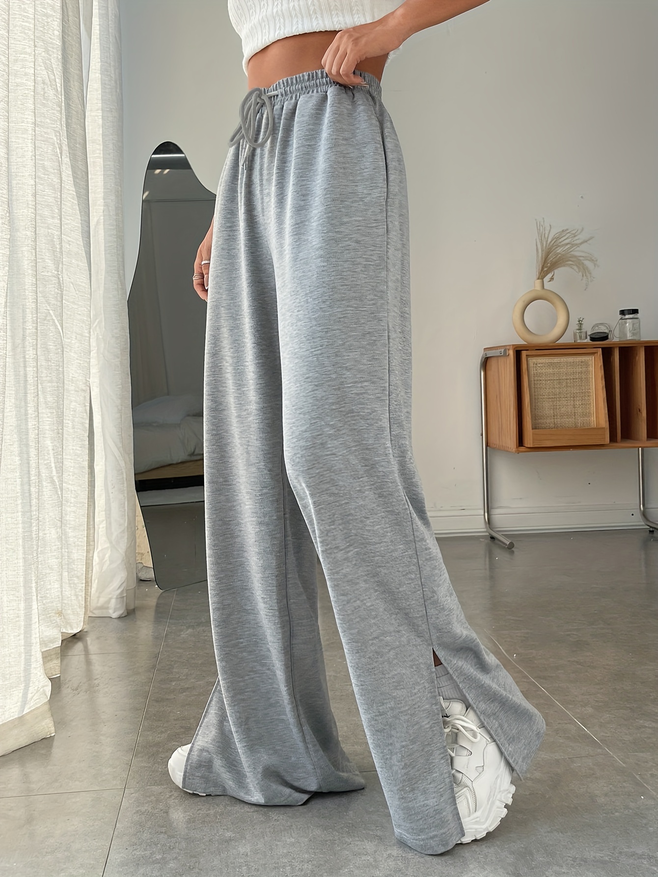 Womens Grey Wide-leg Pants