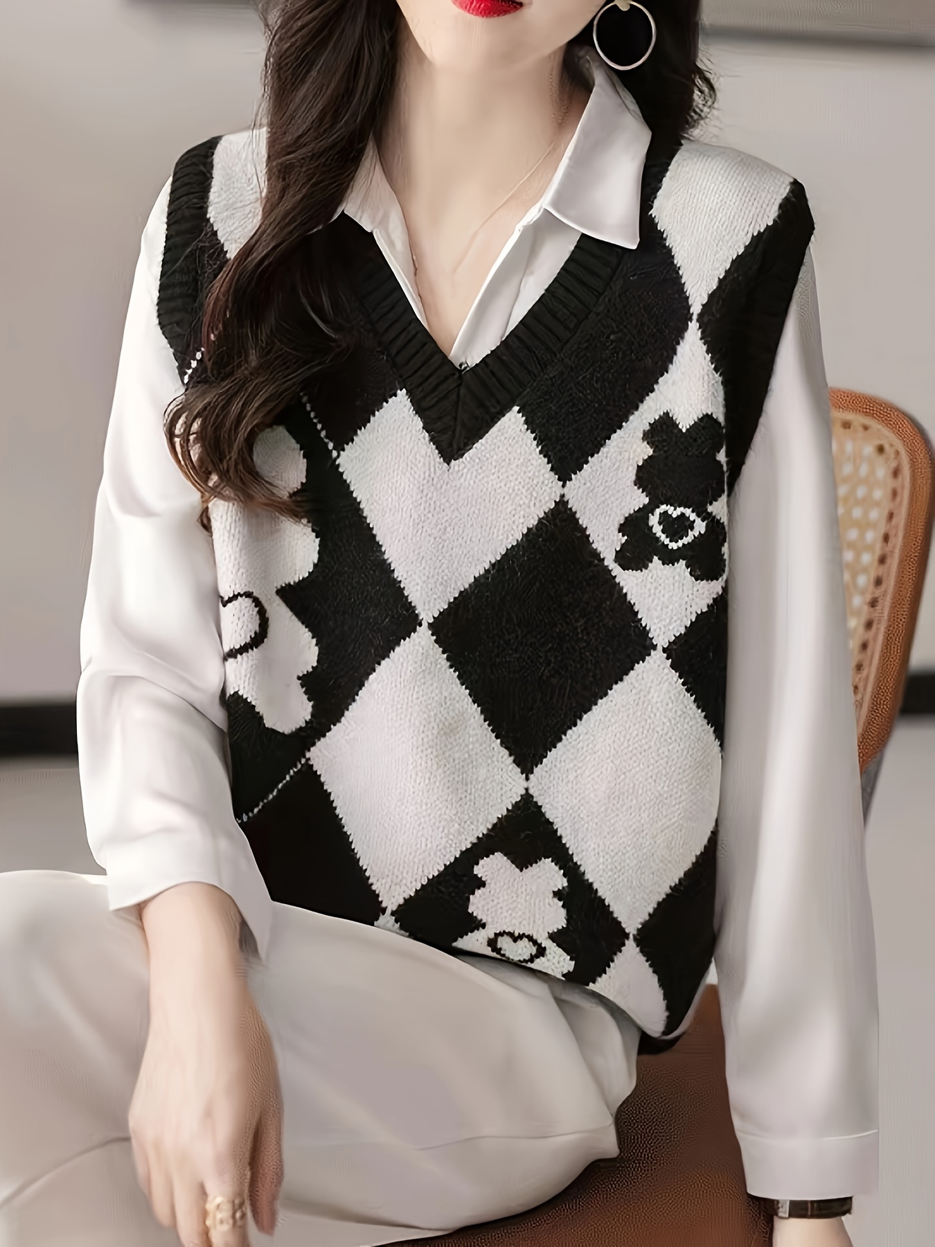 Suéter Mujer Cuello En V Argyle Plaid Knit Sweater Chaleco - Temu