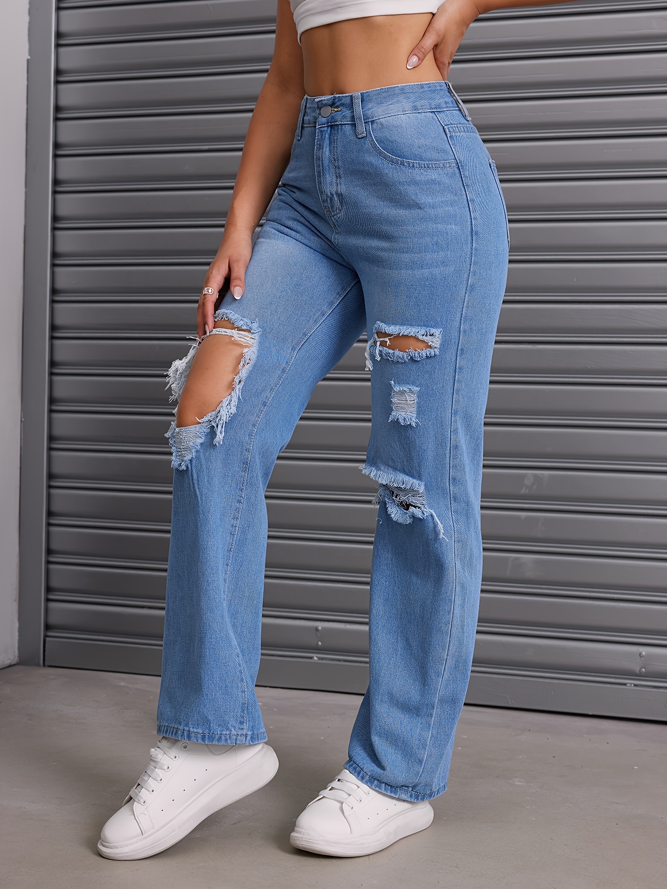 Blue Ripped High Waist Straight Jeans, Distressed High Rise Wide Leg Loose  Fit Baggy Denim Pants, Women's Denim Jeans & Clothing