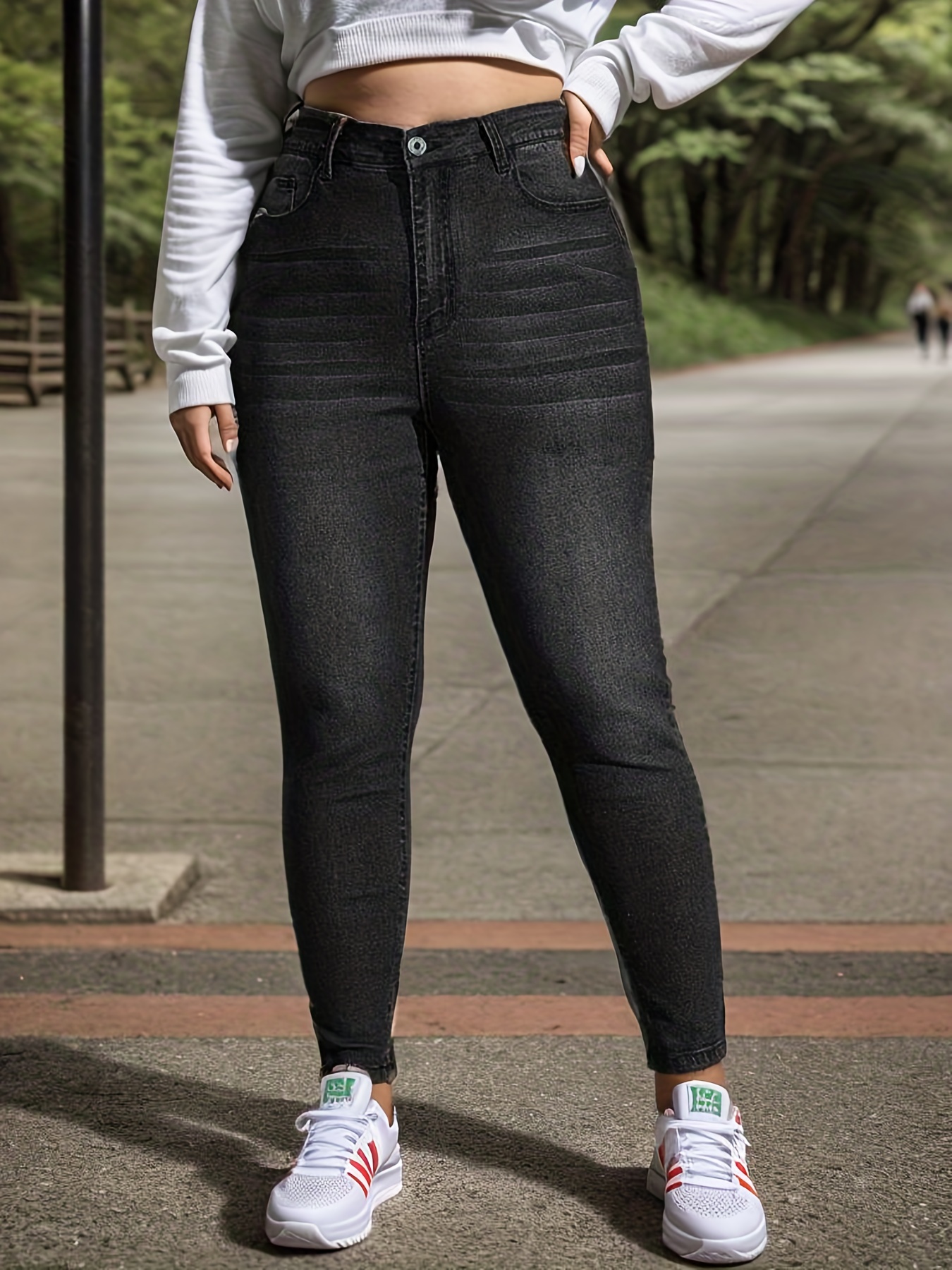 Plus Size High * Solid Skinny Jeans, Women's Plus High Stretch Casual  Skinny Denim Pants