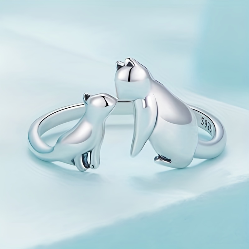 Couple Cat 925 Sterling Silver Matching Rings