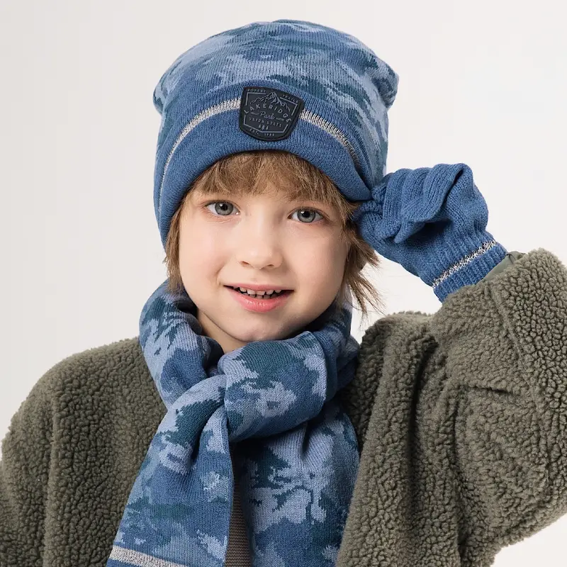 3 Teile/satz Accsa Kinder Junge Warme Mütze Blau Camo Reflektierende  Strickmütze Handschuhe Schal Set
