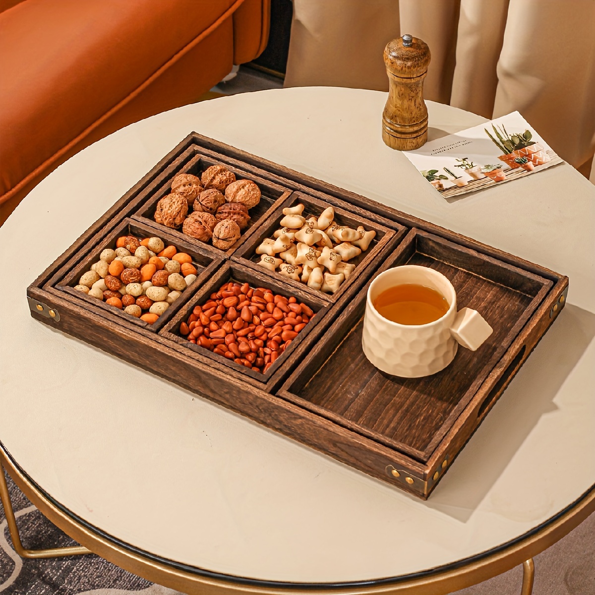 Solid Wooden Snack Box Chinese Style Multi-grid Dried Fruit Tray