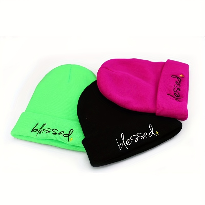 Blessed Embroidery Beanies Fluorescent Solid Color Knit Hats - Temu Canada