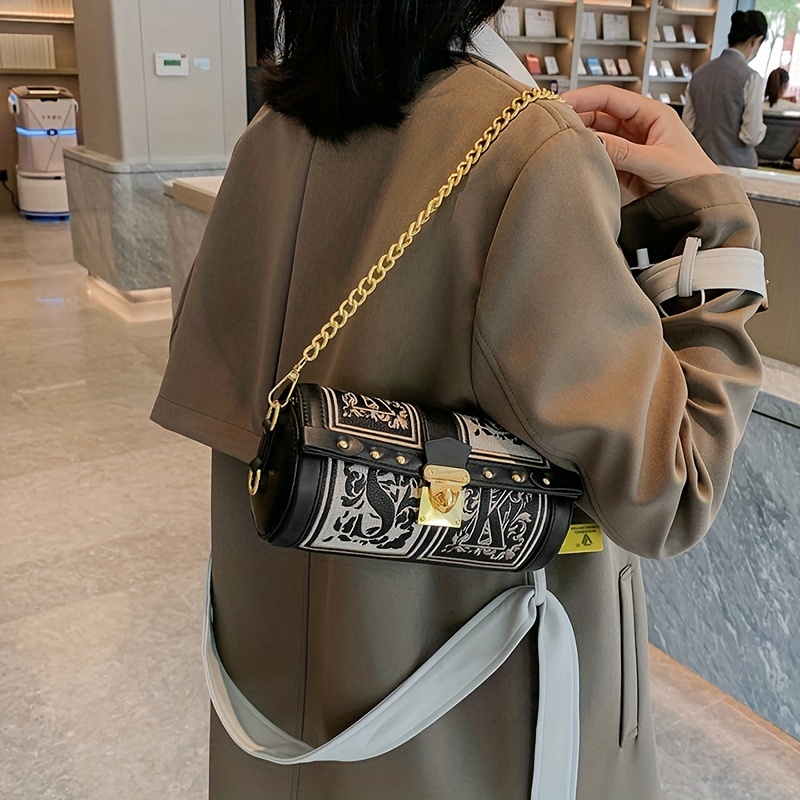 Vintage Metal Chain Crossbody Cylinder Bag Pu Leather Textured Underarm Bag  Purse Classic Versatile Fashion Shoulder Bag, Shop On Temu And start  Saving