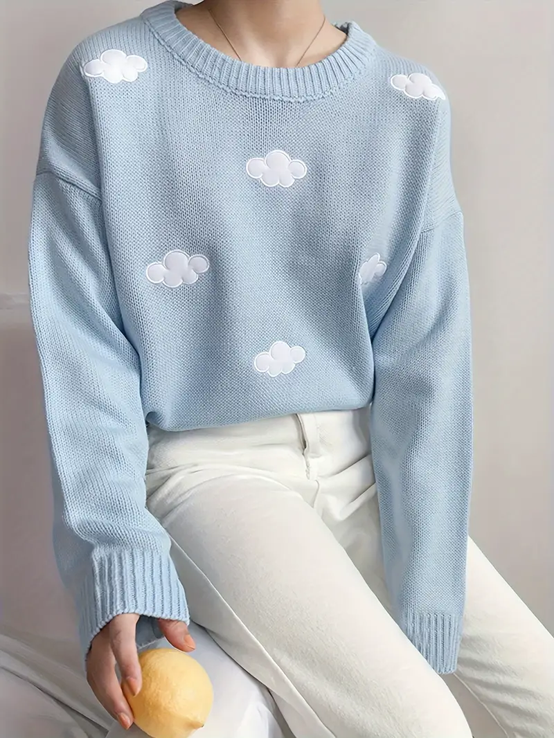 Preppy Cloud Pattern Sweater Long Sleeve Casual Cute Sweater - Temu