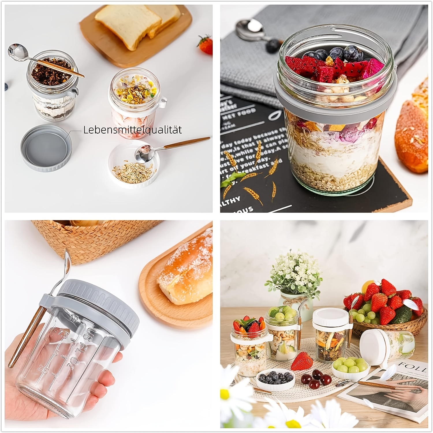 Overnight Oats Container with Lids (Set of 4) plus the Spoon - Perfect for  meal prep and breakfast on the go, Oatmeal Container To-Go, Overnight Oats