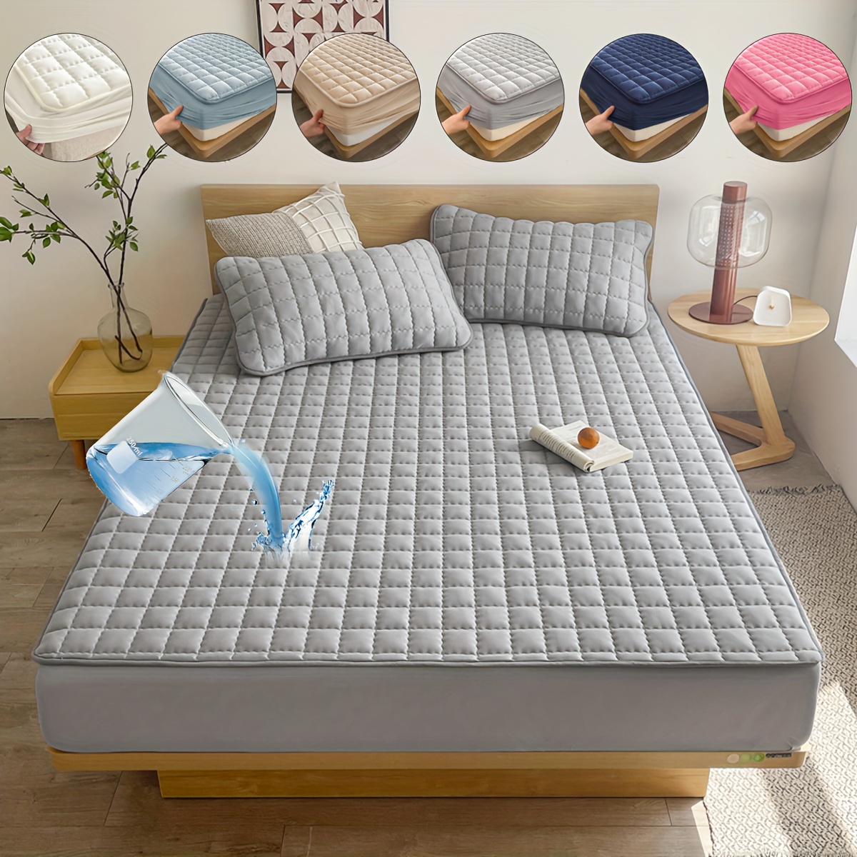 Quilted Waterproof Bed Sheet with Elastic Queen King Size Solid Color Mattress  Protector for Double Bed Cover Mattress Cover ( No Pillowcase )