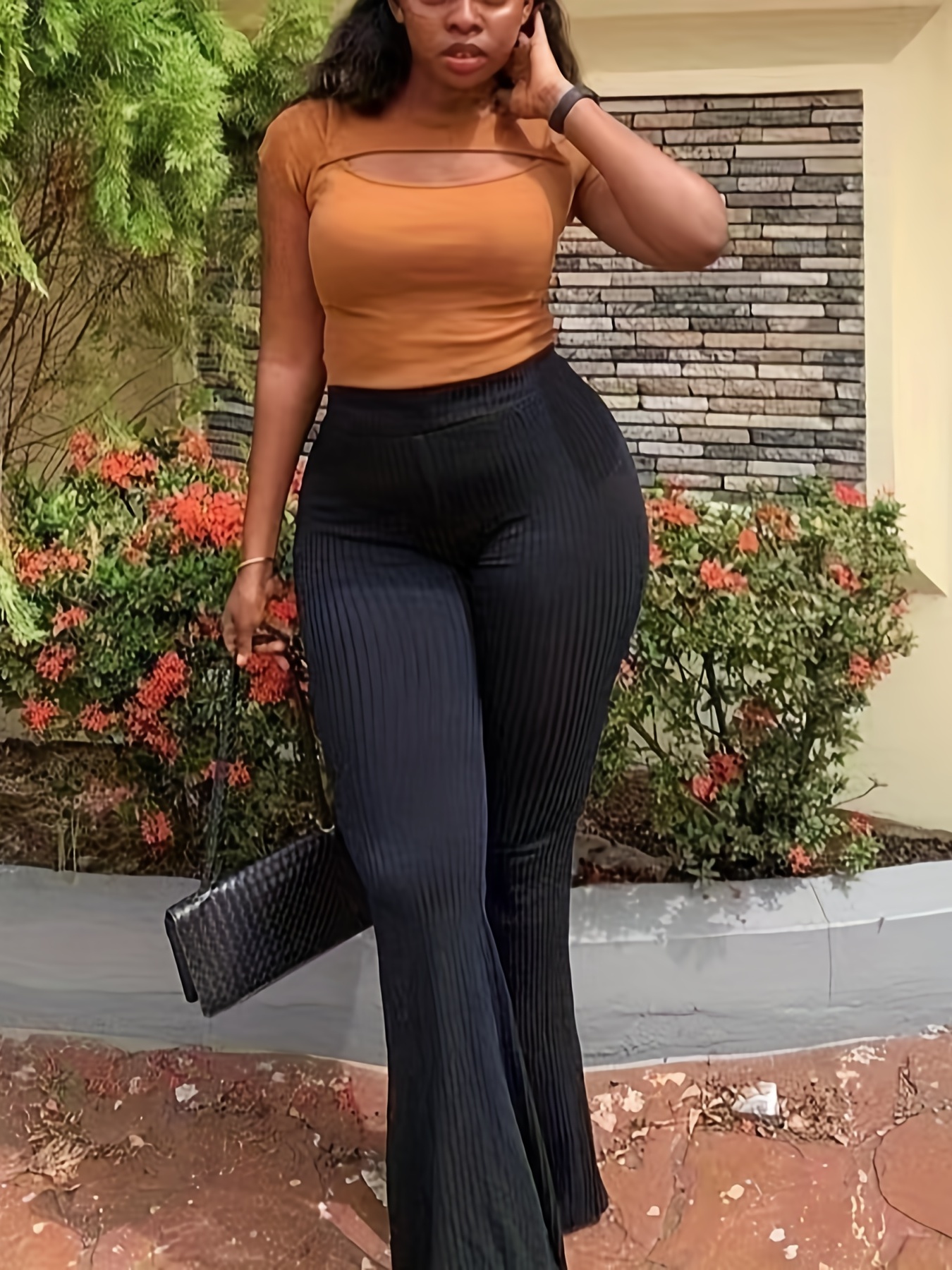 Plus Size Solid High Waist Flare Pants 