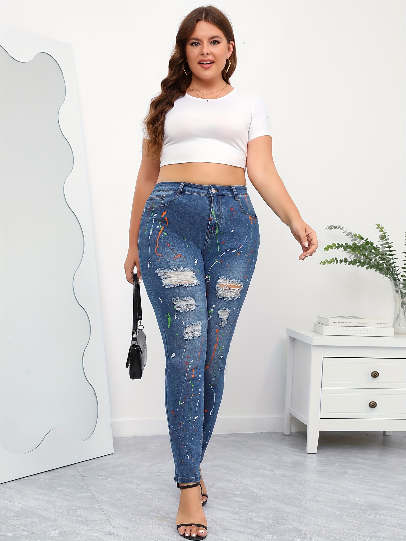 Splash Print Ripped High Rise Skinny Jeans