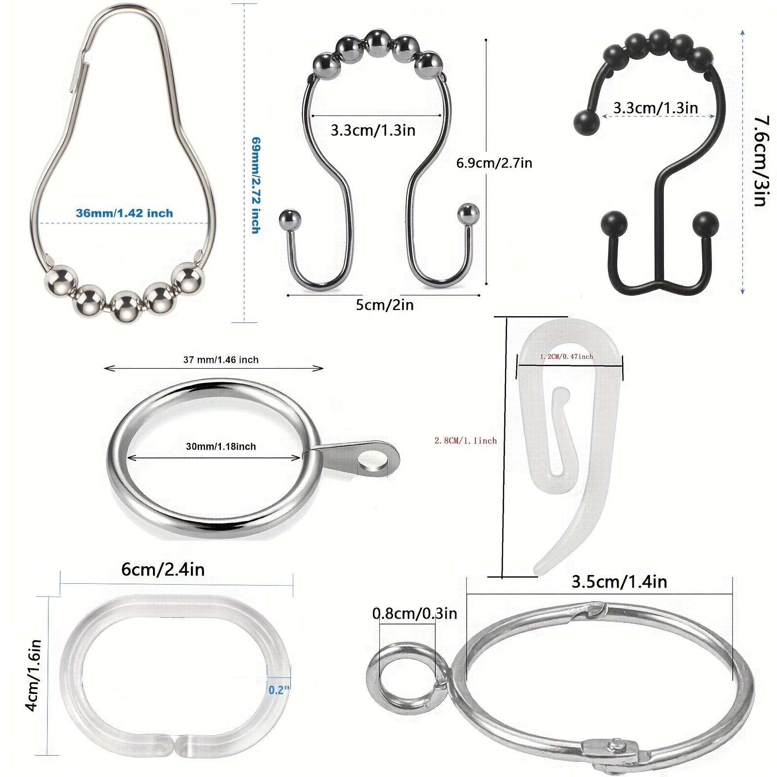 Plastic & Metal Shower Rings for Curtain Bathroom Shower (50pcs)