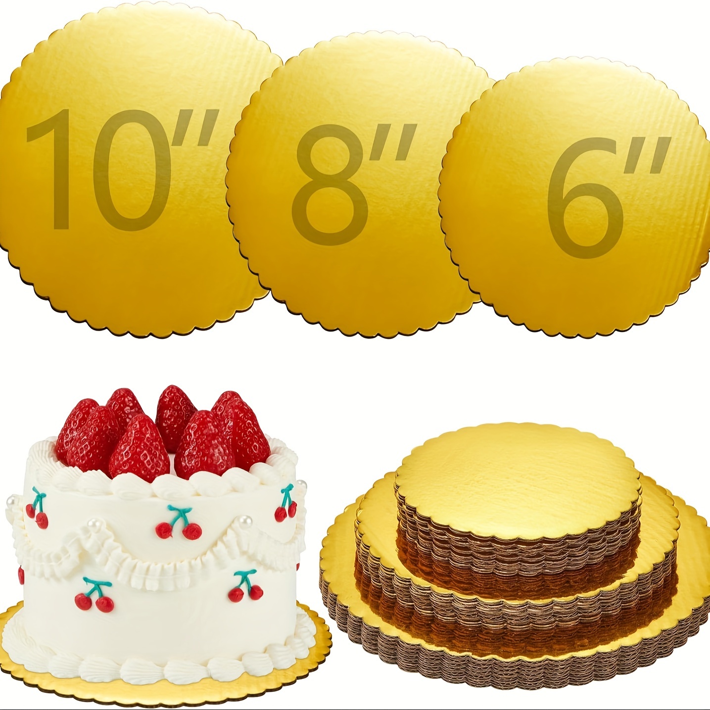 

6pcs, Golden Round Cake Boards - Sturdy Cake Boards, 6''/8''/10''/12'' Circle Cake Base, Disposable Pizza Cardboard Circle Tart Decorating Base Stand For Cake Decoration