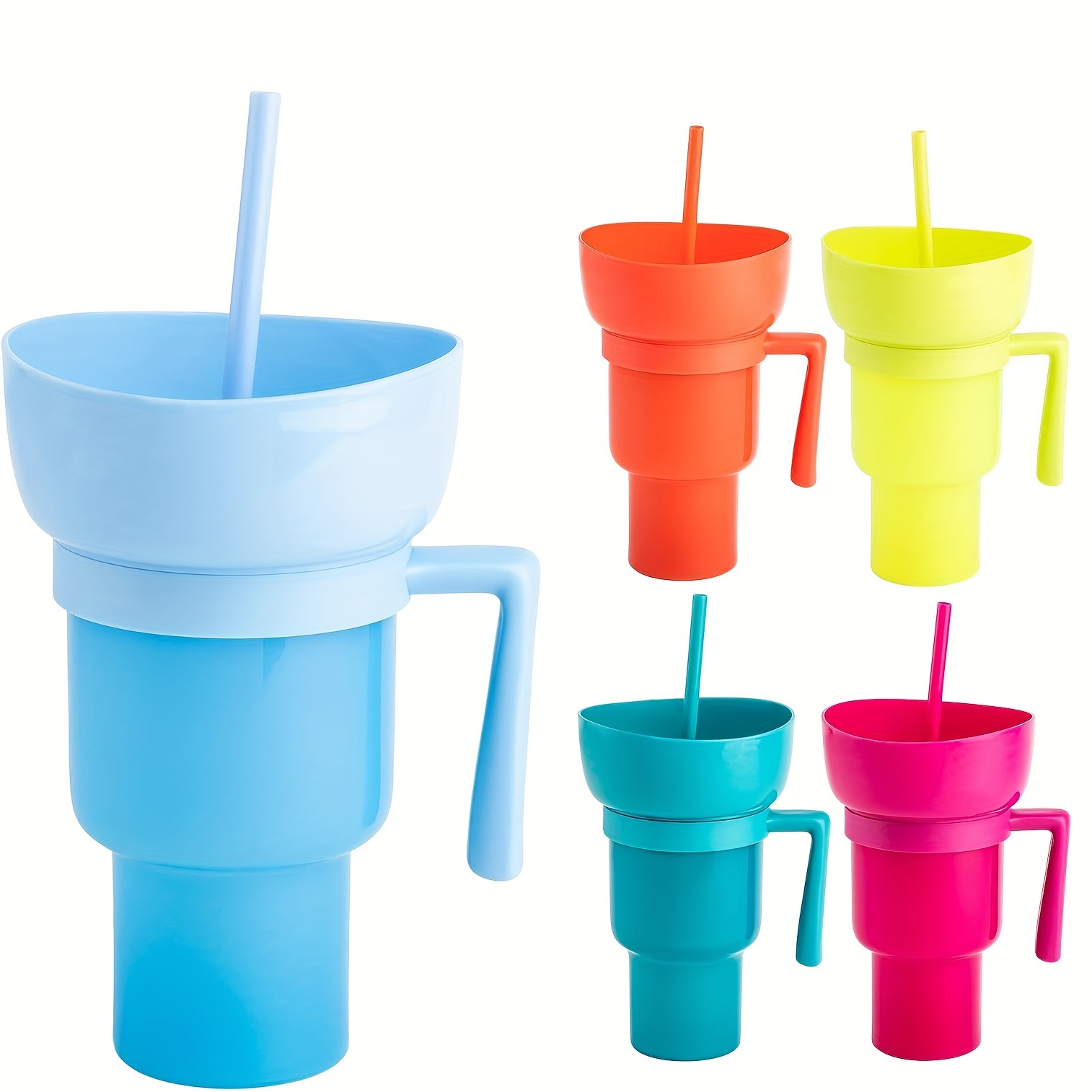 PASUKIT Cup Bowl Combo with Straw, 32oz Stadium Tumbler with Snack Bowl, 2-in-1 Snack and Drink Cups with Straw, Travel Cup with Snack Bowl on Top