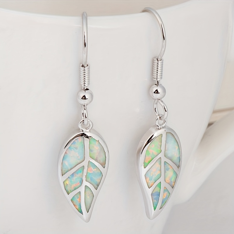 

Leaf Design Opal Decor Dangle Earrings Elegant Bohemian Ear Jewelry