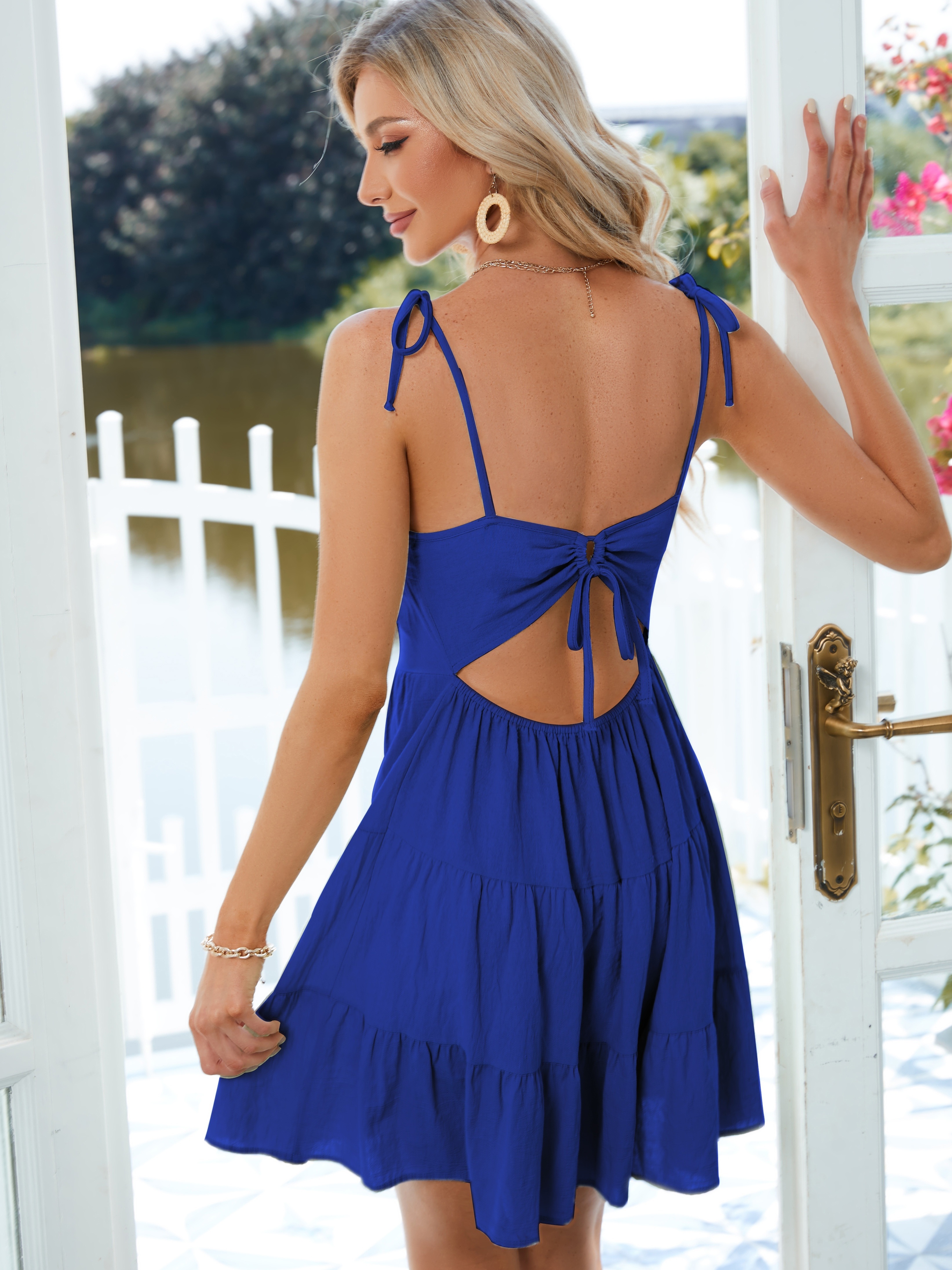 Solid Backless Pleated Cami Dresses Spaghetti Strap Solid - Temu