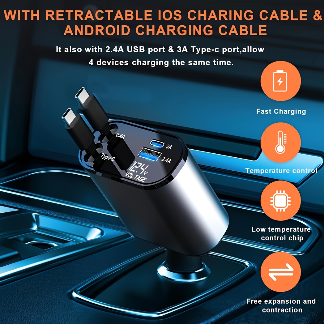 4 IN 1 Retractable Car Charger Cable Dual Port PD Charging For