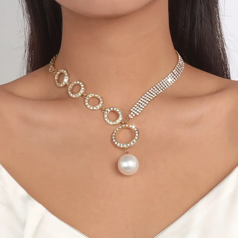 faux pearls pendant necklace with tennis chain dainty wedding bridal bridesmaid jewelry for women and girls details 1