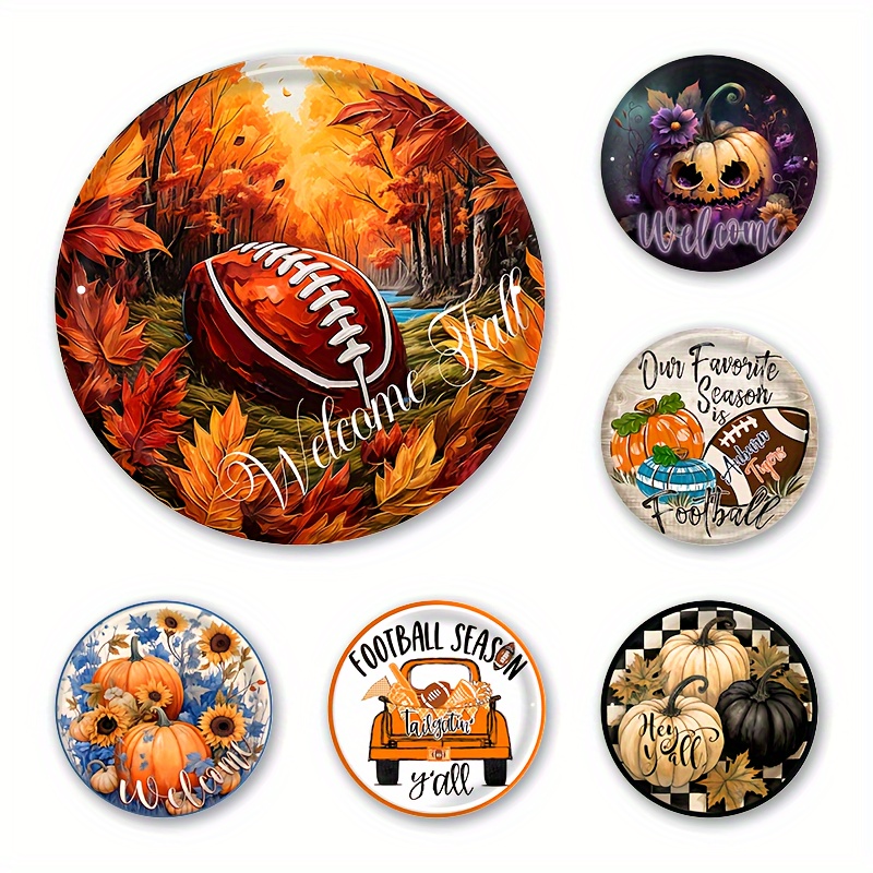 

1pc, Fall Wreath Sign, Football Wreath Sign, Fall Pumpkin Theme Metal Tin Sign, (20*20cm/8*8inch) Holiday Decoration, Wall Decoration, Room Decoration, Home Decoration, Bar Decoration, Supplies.