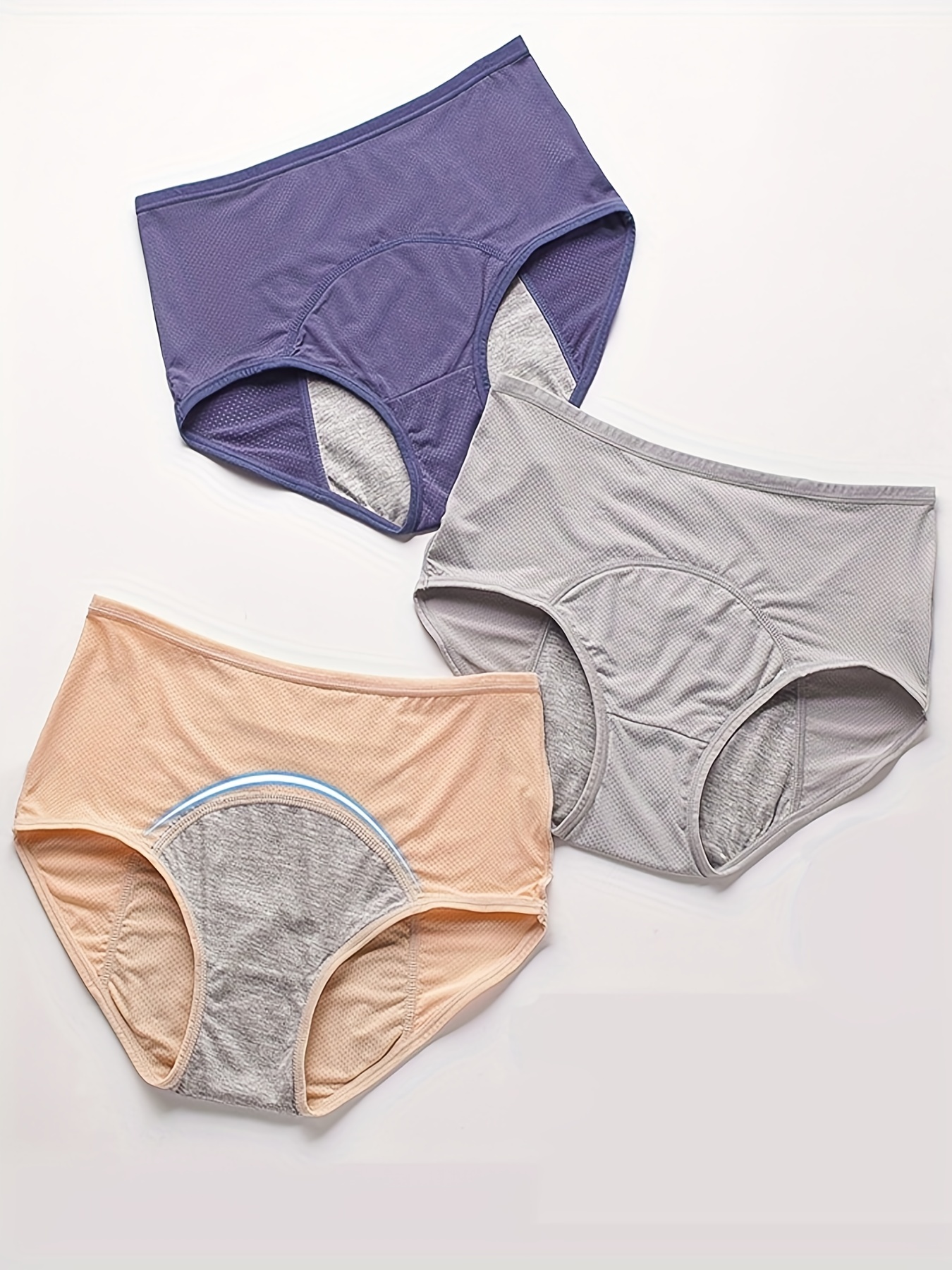 3 Pack Plus Size Basic Underwear Set, Women's Plus Solid * Waisted  Leakproof & Breathable Period Underwear Three Piece Set