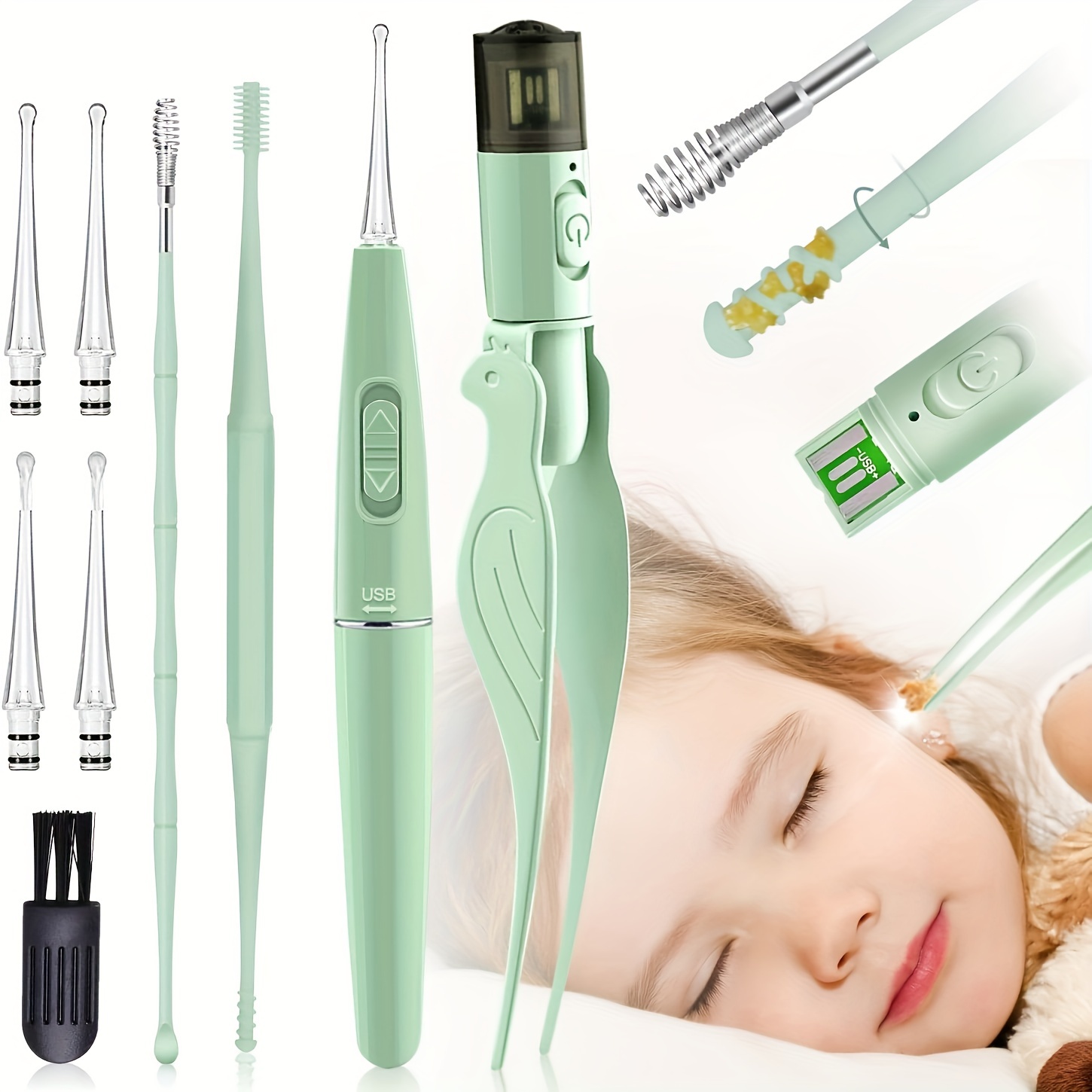 Ear Picking Spoon, Kids Ear Cleaner Ear Cleansing Tool Set - Visible Ear  Cleaner Earwax Removal Kit, Battery Powered/USB Charging Model