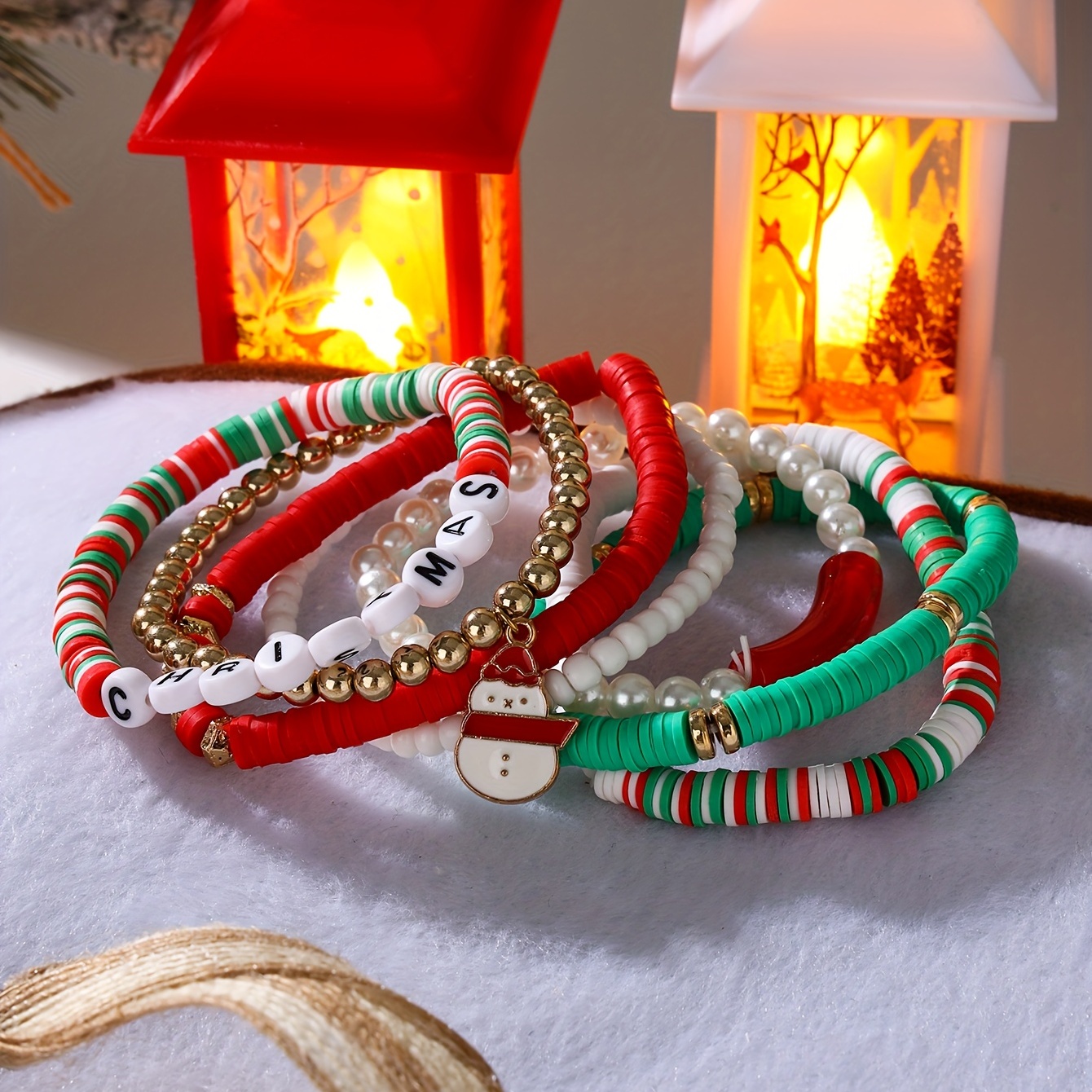 7 pièces Noël Coloré Bracelet Perlé Set , Élastique Doux Perles En  Céramique À La Mode Noël Gants Cadeau Pour Femme
