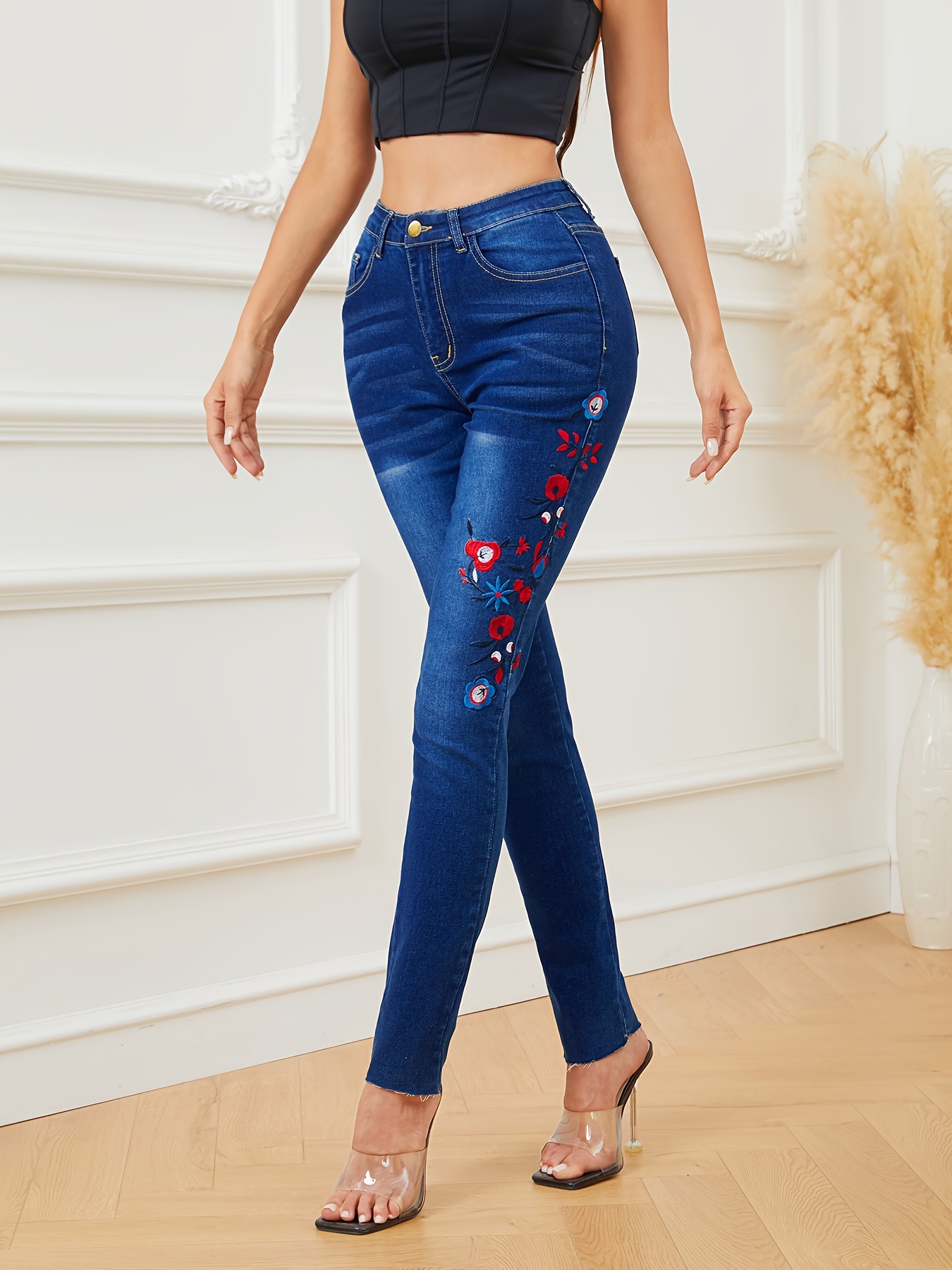 Flower Embroidery Skinny Jeans, High-waisted Cut Hem Fashion Stretchy Tight  Jeans, Women's Denim Jeans & Clothing