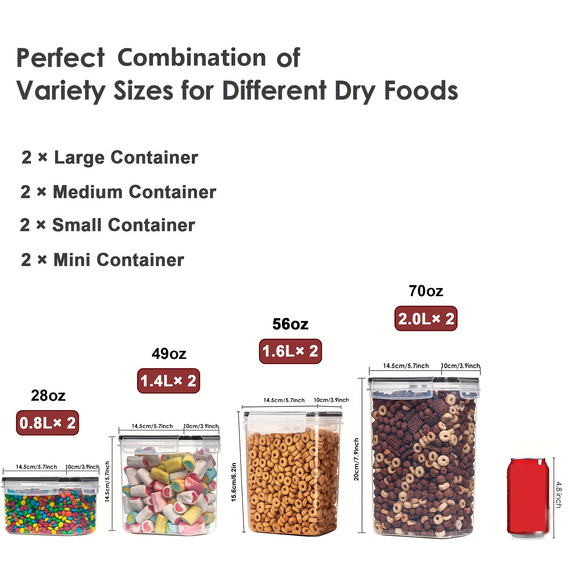 Pack de 4 envases herméticos para cereales y comida seca, sin BPA,  contenedor de plástico para la cocina o despensa, para harina, azúcar,  arroz