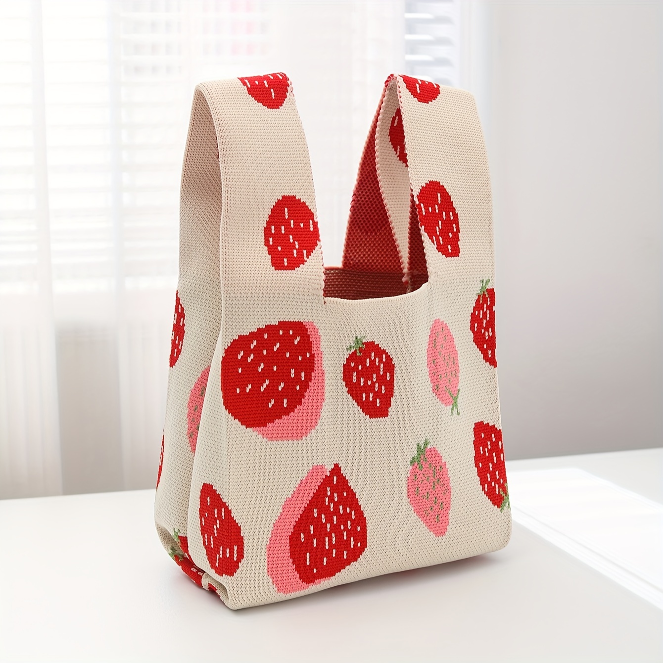 

Strawberry Pattern Knitted Handbag, Aesthetic Crochet Bag, Women's Woven Tote Wrist Bag