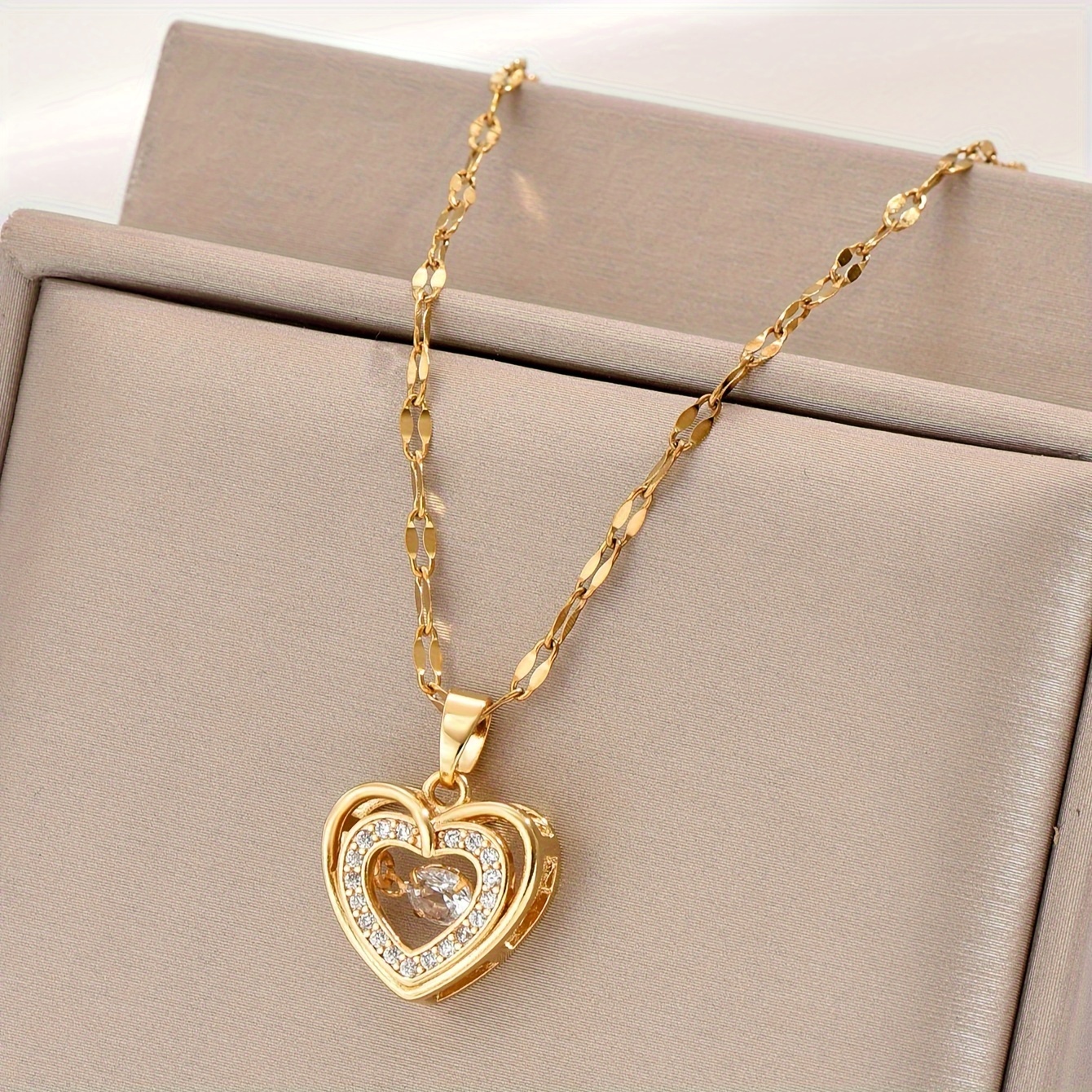 golden stainless steel three dimensional double layer necklace love heart rhinestone pendent necklace men women couple daily party wear christmas gift details 1