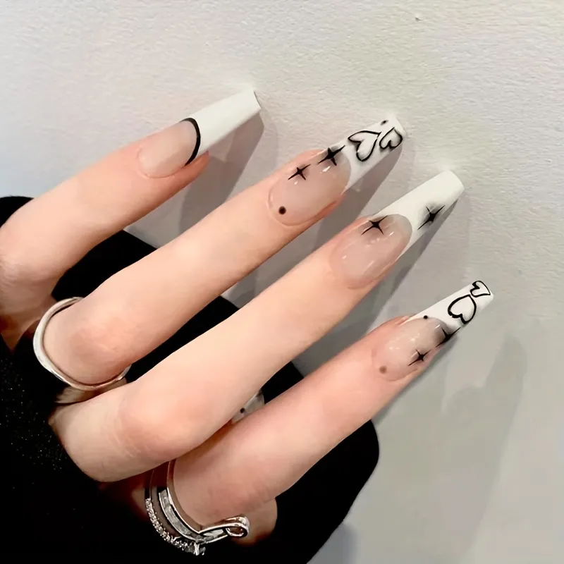 Medium Length Coffin Fake Nails With Full Cover French Tip And Nude Glue On  Nails For Women And Girls - Sweet And Cool Heart Design - Perfect For  Autumn And Winter - Temu Croatia