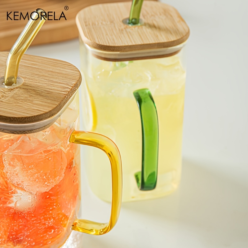 Glass Cups With Lids And Straws, Drinking Glasses Bamboo Lids And Glass  Straws, Glass Mug With Colored Handle For Soda, Iced Coffee, Milk, Tea,  Juice, Water Bottles - Temu