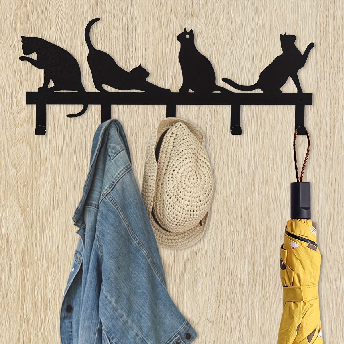 1pc Cats Coat Rack Wall Mounted Decorative Black Coat Hooks Metal Door  Hooks For Hanging Hat Towels Clothes, Hook Rail With 5 Hangers