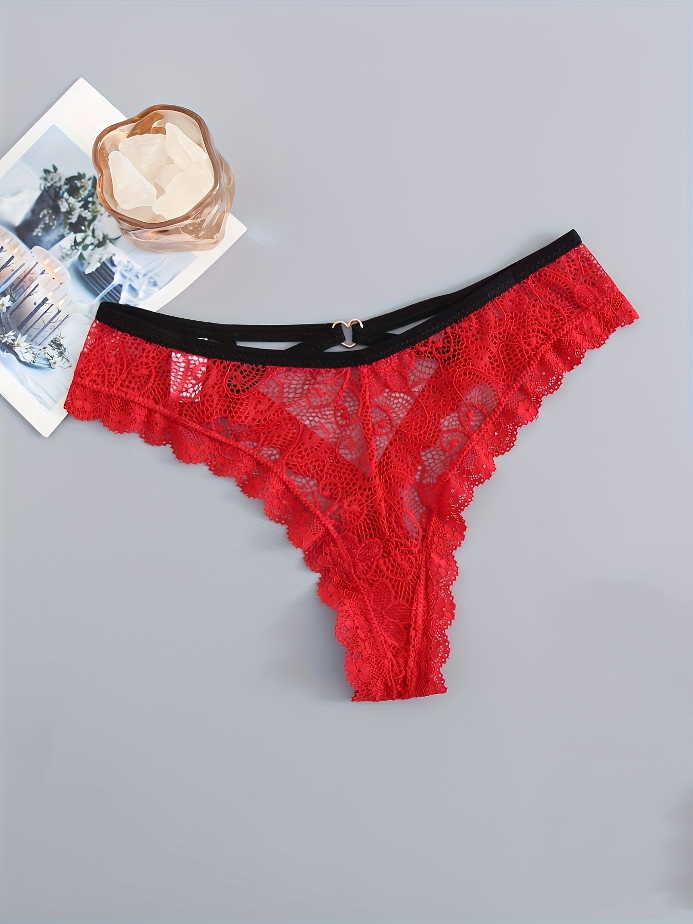 Floral Lace Thongs Heart Ring Linked Cut Intimates Panties - Temu