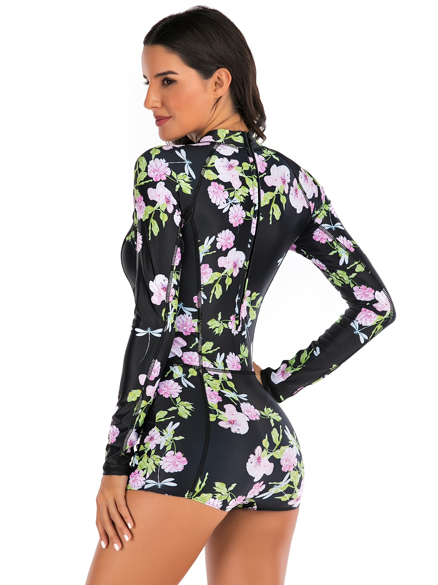 Floral Print High Neck One Piece Swimsuit Long Sleeve Rash Guard